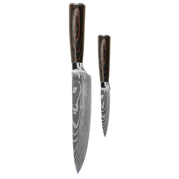 Couteaux Shinrai - Coffret de 2 couteaux à motif damassé - Couteau de chef + couteau d'office