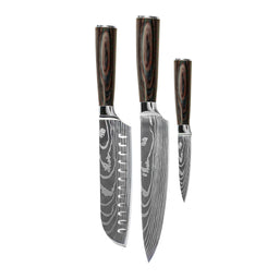 Couteaux Shinrai - Coffret de 3 couteaux à motif damassé - Couteau de chef + Santoku + Couteau d'office