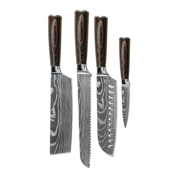Couteaux Shinrai - Coffret de 4 couteaux à motif damassé - Santoku + Couteau à pain + Nakiri + Couteau d'office