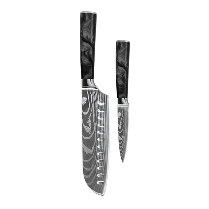 Shinrai Knives - Damascus Print Epoxy Onyx 2-delige Messenset - Santoku + Schilmes Messenset Shinrai Knives 