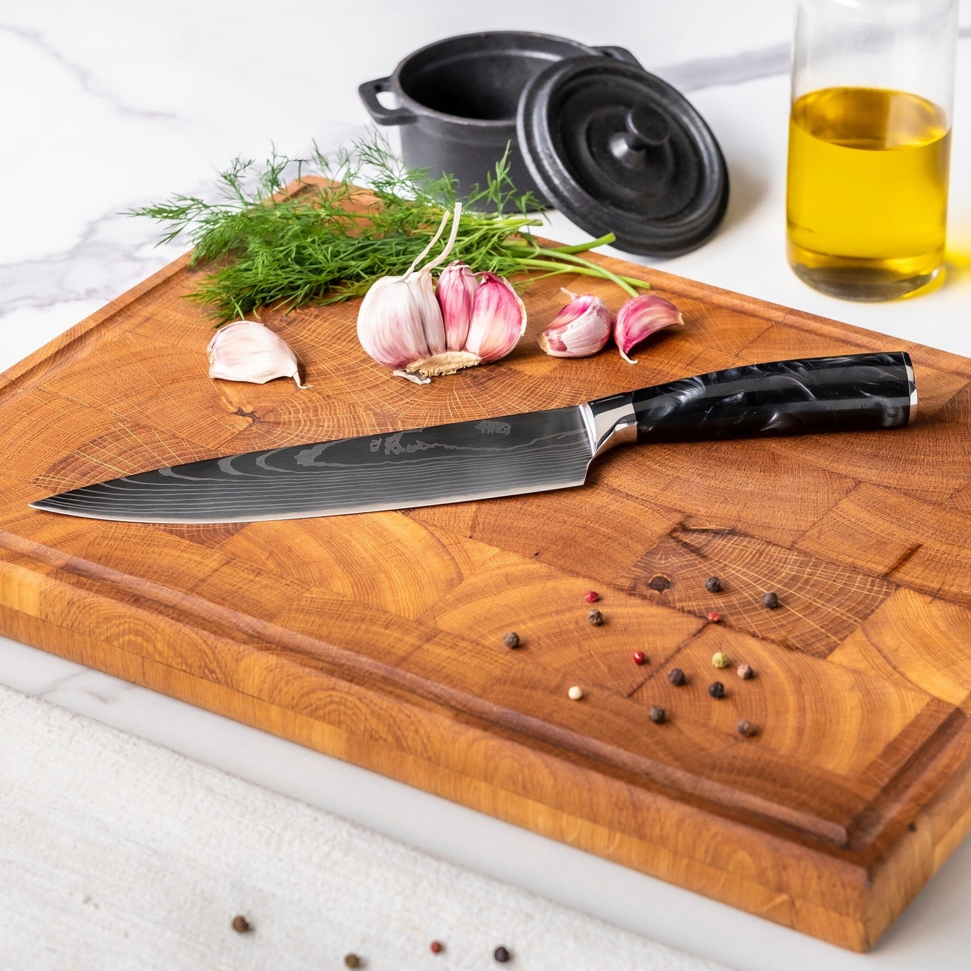 Shinrai Knives - Damascus Print Epoxy Onyx 4-delige Messenset - Koksmes + Broodmes + Nakiri + Schilmes Messenset Shinrai Knives 
