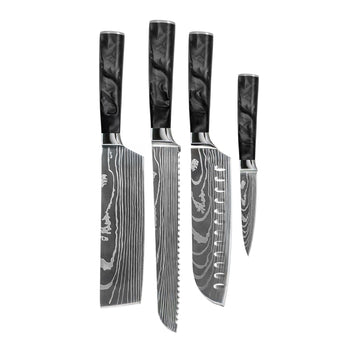 Shinrai Knives - Damascus Print Epoxy Onyx 4-delige Messenset - Santoku + Broodmes + Nakiri + Schilmes Messenset Shinrai Knives 