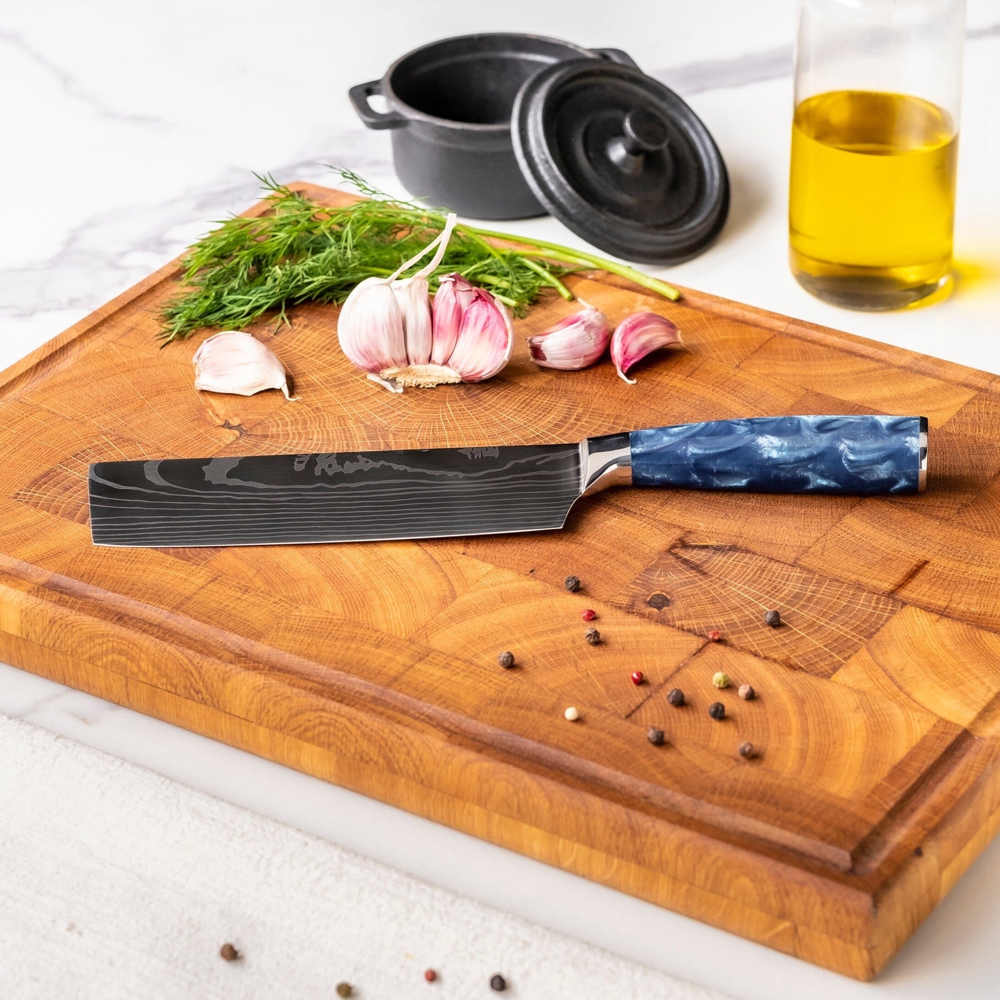 Shinrai Knives - Damascus Print Epoxy Sapphire 2-delige Messenset - Nakiri + Schilmes Messenset Shinrai Knives 