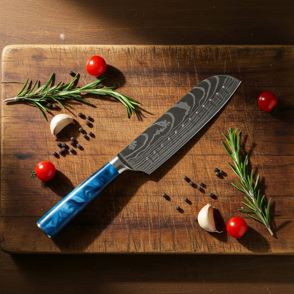 Shinrai Knives - Damascus Print Epoxy Sapphire 3-delige Messenset - Koksmes + Santoku + Schilmes Messenset Shinrai Knives 