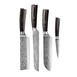 Shinrai Knives - Hammered RVS 4-delige Messenset - Santoku + Broodmes + Nakiri + Schilmes Messenset Shinrai Knives 