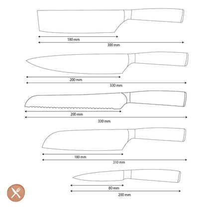 Shinrai Knives - Hammered RVS 5-delige Messenset - Koksmes + Broodmes + Nakiri + Santoku + Schilmes Messenset Shinrai Knives 