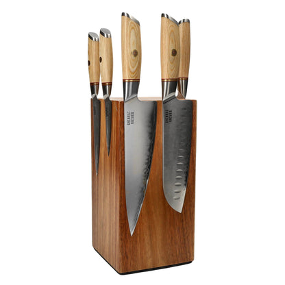 Couteaux Shinrai - Coffret de 5 couteaux Hikari Damas + Bloc à couteaux. Coffret de couteaux rotatifs avec bloc. Couteaux Shinrai