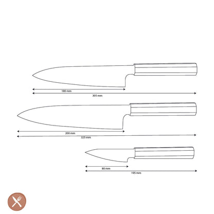 Shinrai Knives - Kigami Exclusive Damascus 3-delige set - Koksmes + Santoku + Schilmes Messenset Shinrai Knives 