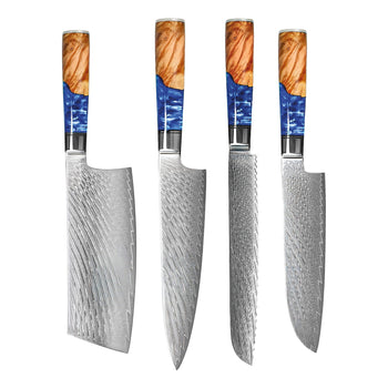 Shinrai Knives - Ensemble de 4 couteaux Damas en époxy saphir - Couteau de chef + Nakiri + Santoku + Couteau à pain