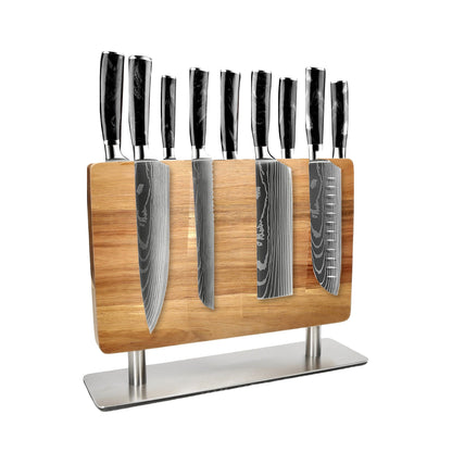 Shinrai Knives - Ensemble de 9 couteaux en onyx imprimé Damas + poinçon bloc à couteaux